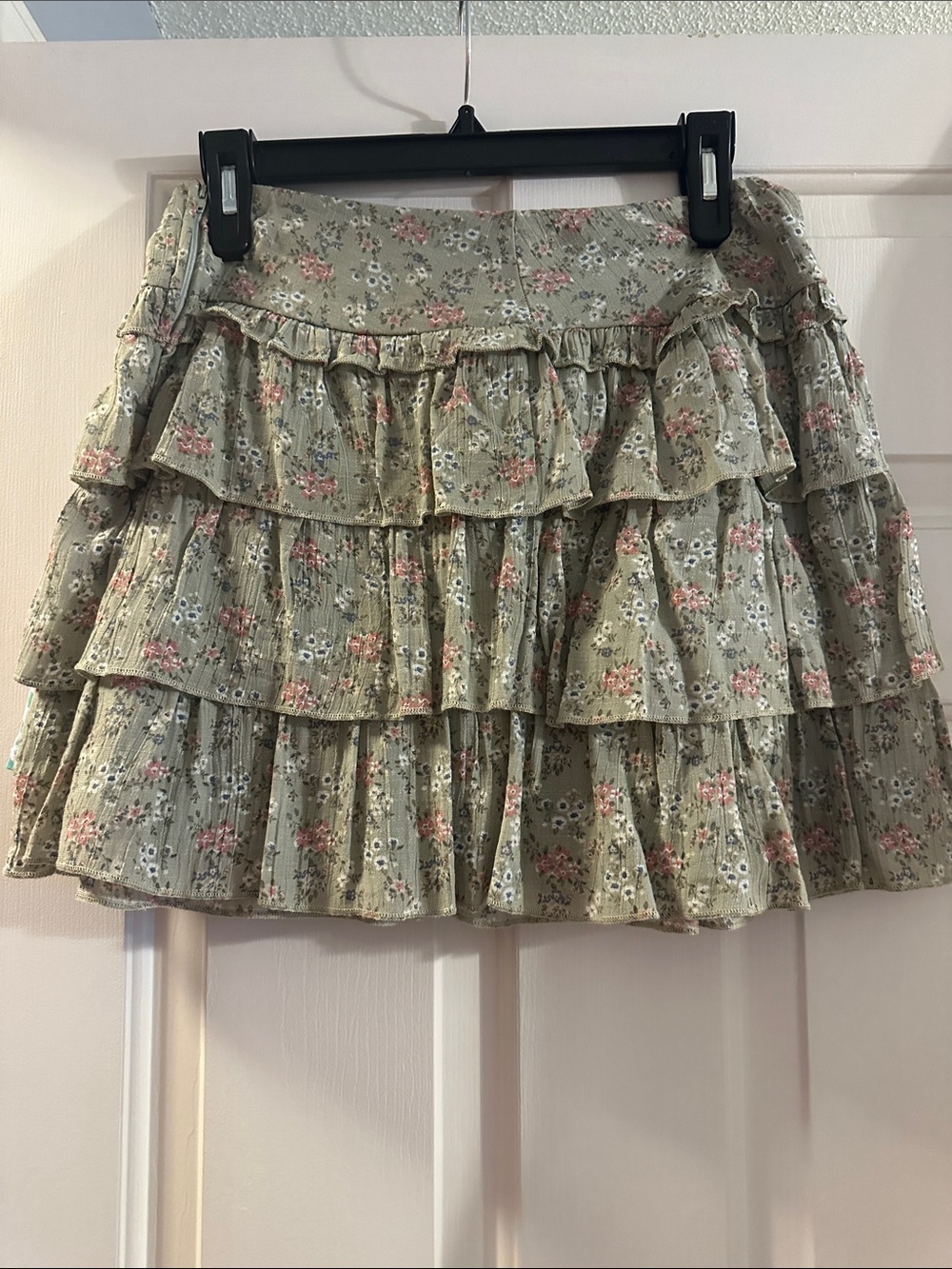 Altar'd State Sage Green Floral Tiered Ruffle Mini Skirt